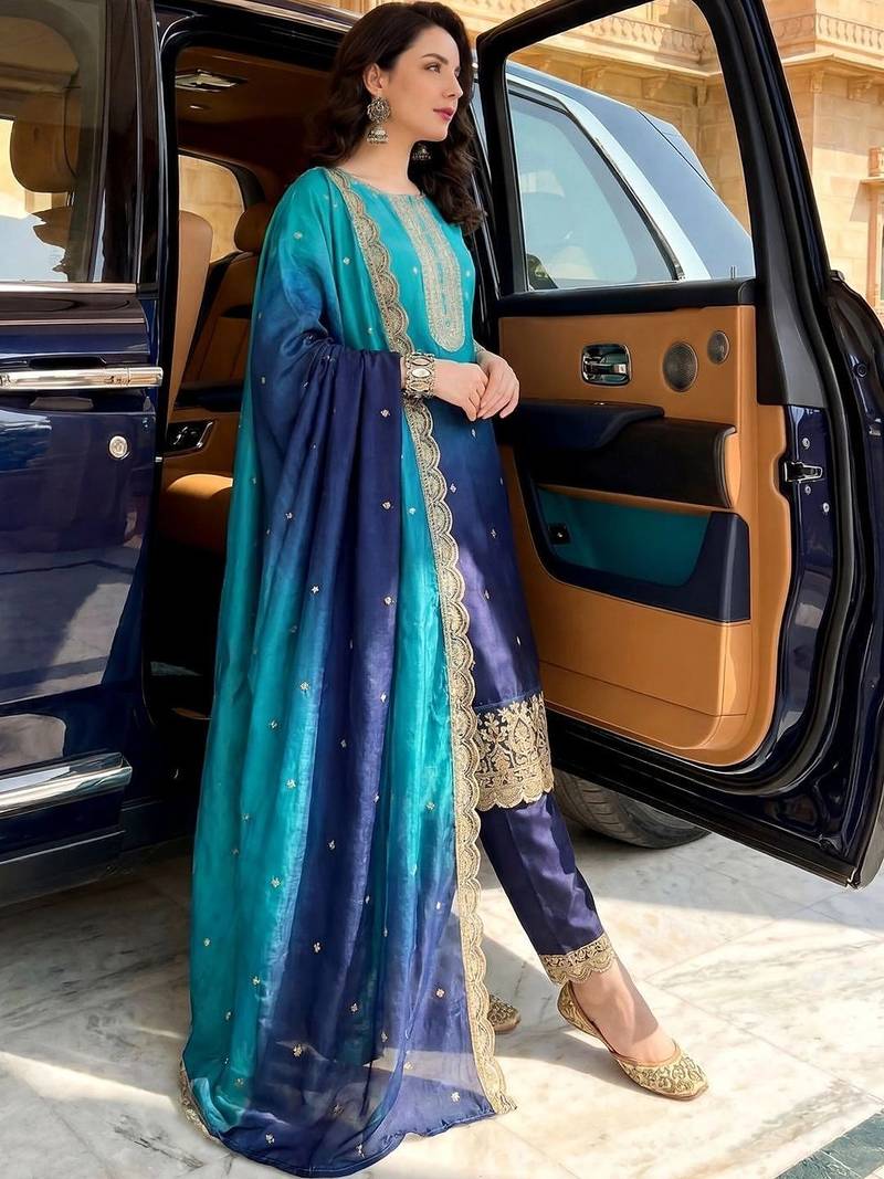 women ombre dyed regular thread work  silk kurta with trousers & with dupatta