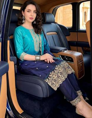 women ombre dyed regular thread work  silk kurta with trousers & with dupatta 4