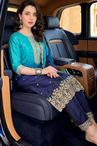 women ombre dyed regular thread work  silk kurta with trousers & with dupatta