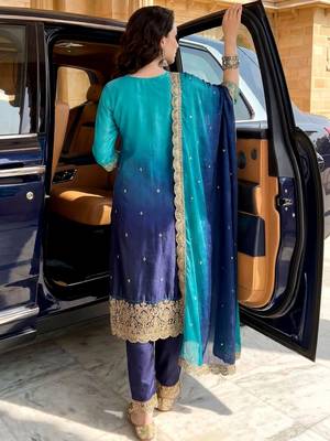 women ombre dyed regular thread work  silk kurta with trousers & with dupatta 5