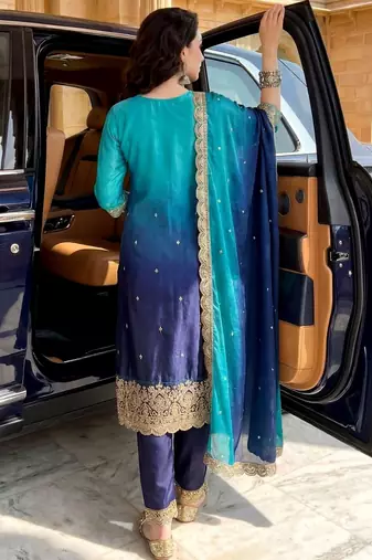 women ombre dyed regular thread work  silk kurta with trousers & with dupatta