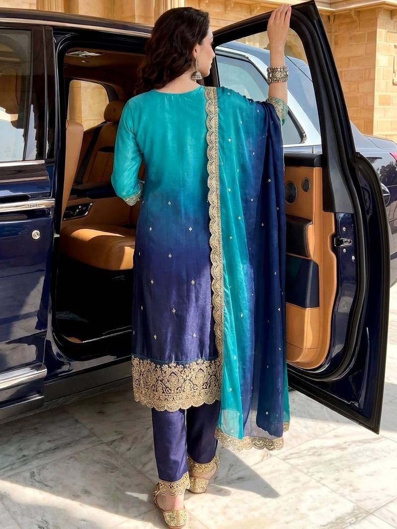 women ombre dyed regular thread work  silk kurta with trousers & with dupatta