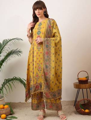 women ethnic motifs printed regular mirror work kurta with palazzos & with dupatta 1