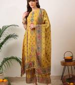 women ethnic motifs printed regular mirror work kurta with palazzos & with dupatta