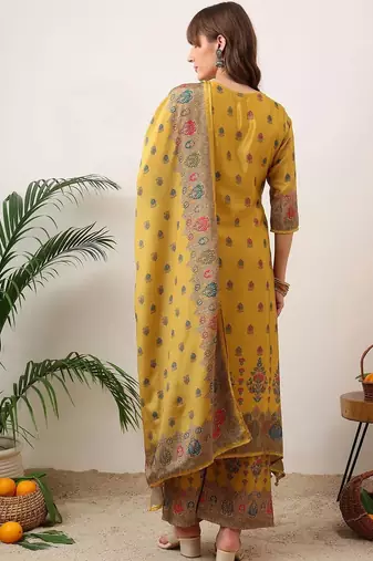women ethnic motifs printed regular mirror work kurta with palazzos & with dupatta