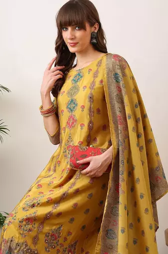 women ethnic motifs printed regular mirror work kurta with palazzos & with dupatta