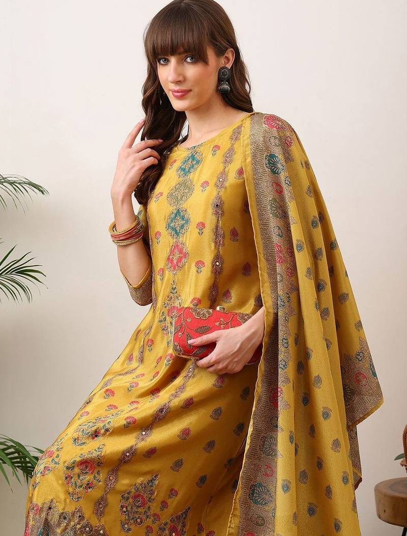 women ethnic motifs printed regular mirror work kurta with palazzos & with dupatta