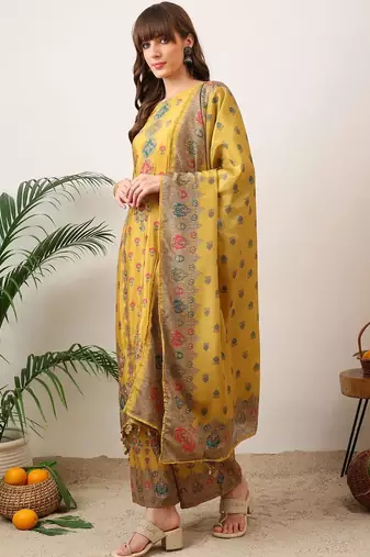 women ethnic motifs printed regular mirror work kurta with palazzos & with dupatta