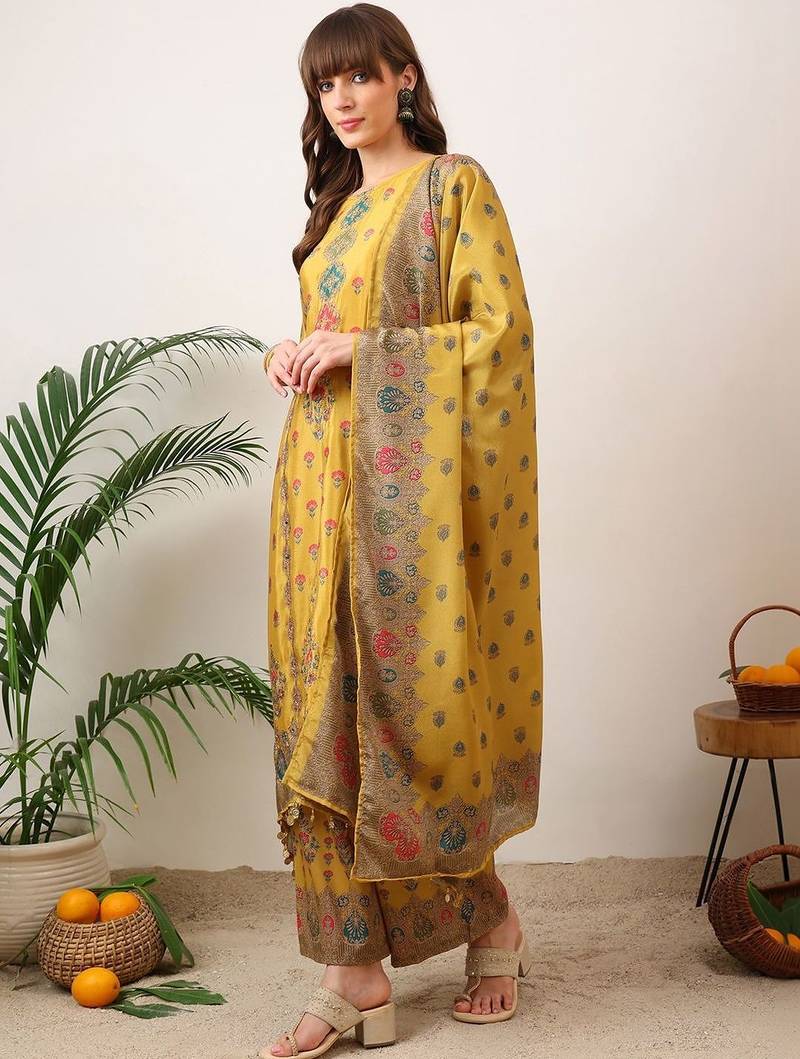 women ethnic motifs printed regular mirror work kurta with palazzos & with dupatta