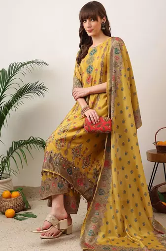 women ethnic motifs printed regular mirror work kurta with palazzos & with dupatta