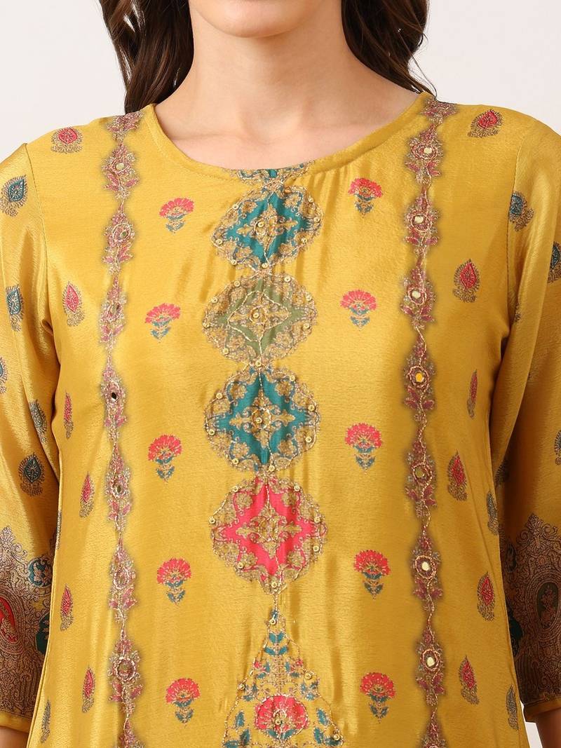women ethnic motifs printed regular mirror work kurta with palazzos & with dupatta