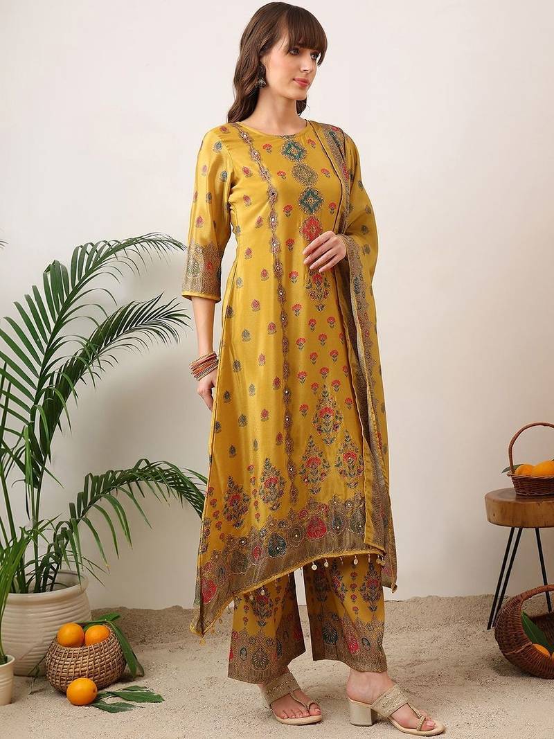 women ethnic motifs printed regular mirror work kurta with palazzos & with dupatta