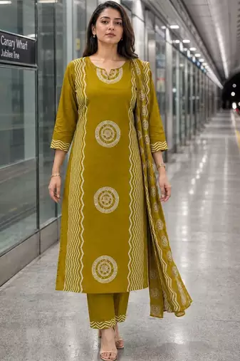 women printed regular  cotton kurta with trousers & with dupatta