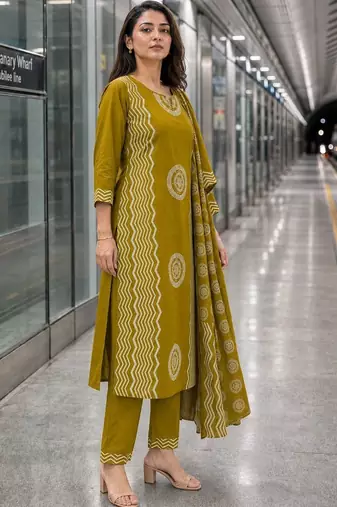 women printed regular  cotton kurta with trousers & with dupatta