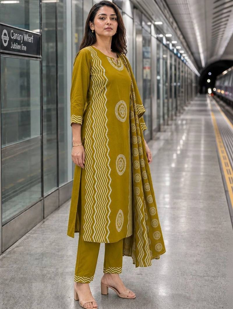 women printed regular  cotton kurta with trousers & with dupatta