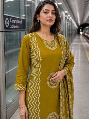 women printed regular  cotton kurta with trousers & with dupatta 3