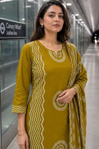 women printed regular  cotton kurta with trousers & with dupatta