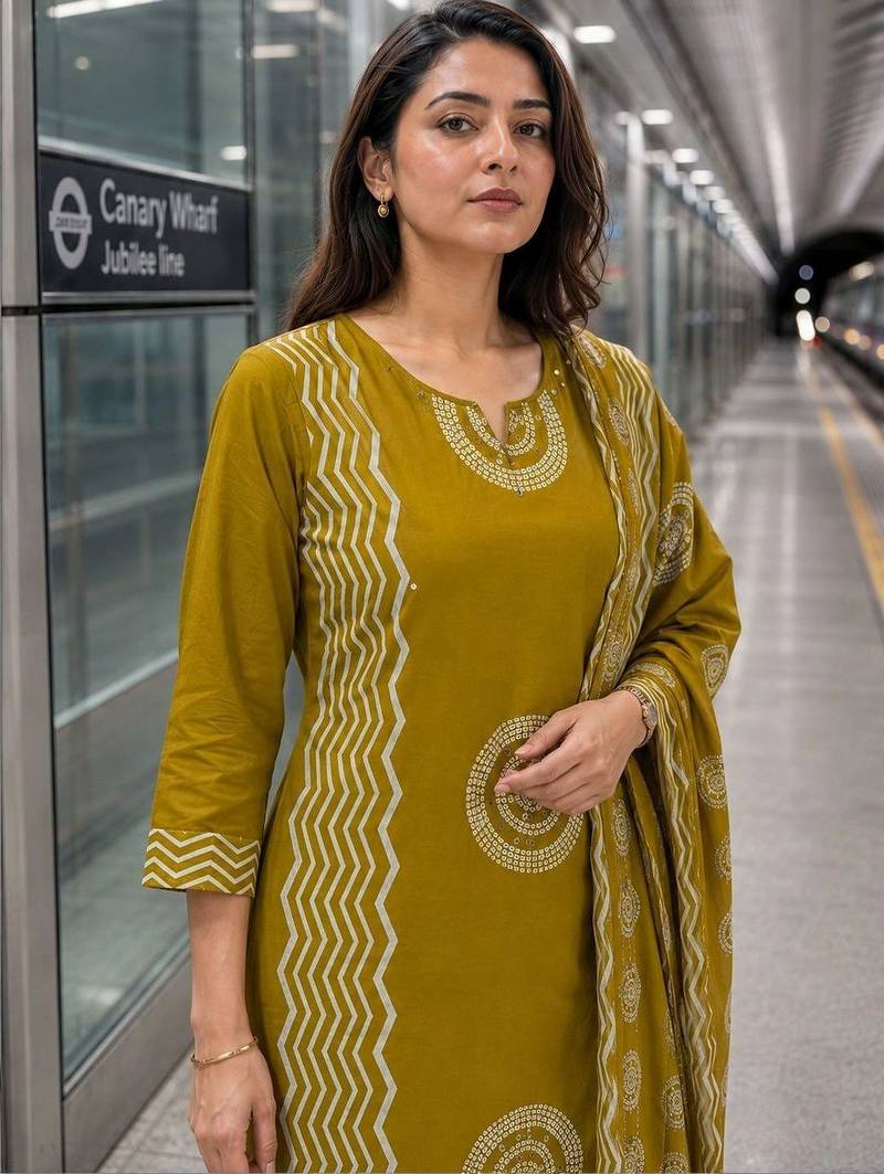 women printed regular  cotton kurta with trousers & with dupatta