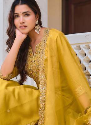 women ethnic motifs embroidered regular sequinned chanderi cotton kurta with trousers & with 2