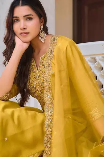 women ethnic motifs embroidered regular sequinned chanderi cotton kurta with trousers & with