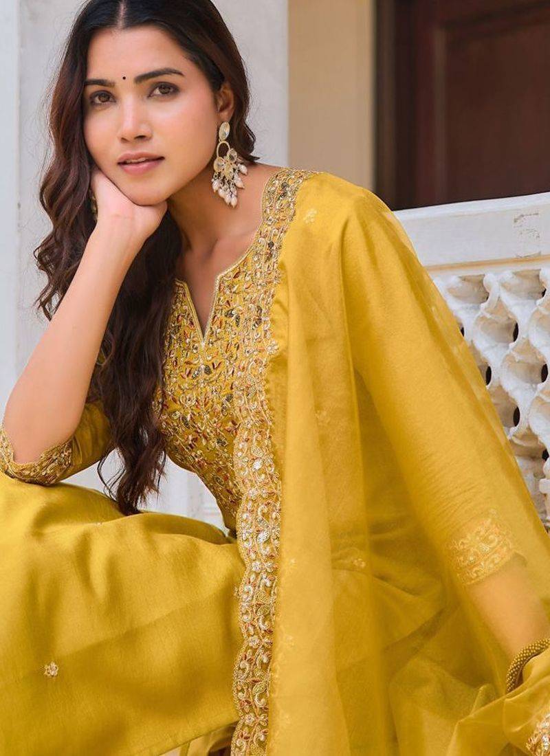 women ethnic motifs embroidered regular sequinned chanderi cotton kurta with trousers & with
