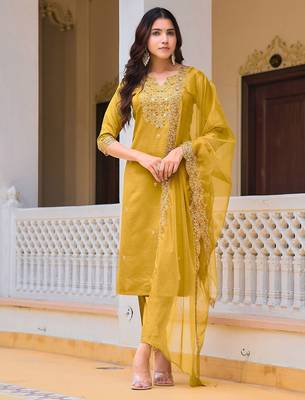 women ethnic motifs embroidered regular sequinned chanderi cotton kurta with trousers & with 1