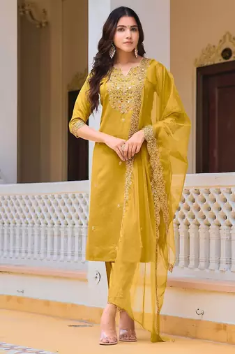 women ethnic motifs embroidered regular sequinned chanderi cotton kurta with trousers & with