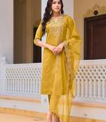 women ethnic motifs embroidered regular sequinned chanderi cotton kurta with trousers & with