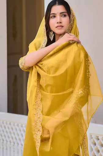 women ethnic motifs embroidered regular sequinned chanderi cotton kurta with trousers & with