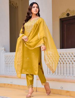 women ethnic motifs embroidered regular sequinned chanderi cotton kurta with trousers & with 4