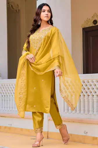 women ethnic motifs embroidered regular sequinned chanderi cotton kurta with trousers & with