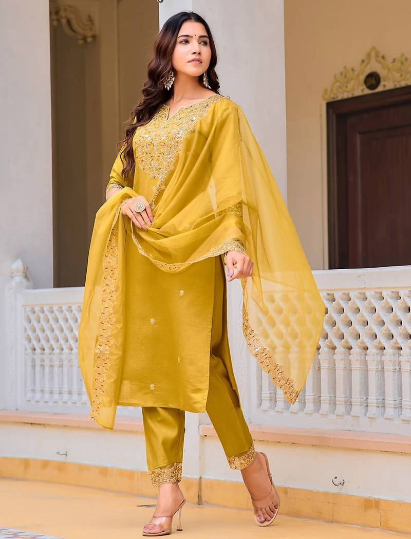 women ethnic motifs embroidered regular sequinned chanderi cotton kurta with trousers & with