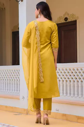 women ethnic motifs embroidered regular sequinned chanderi cotton kurta with trousers & with