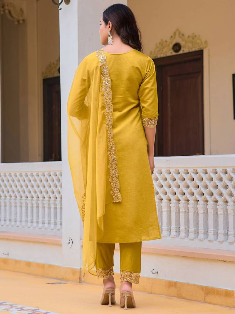 women ethnic motifs embroidered regular sequinned chanderi cotton kurta with trousers & with
