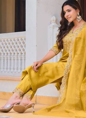 women ethnic motifs embroidered regular sequinned chanderi cotton kurta with trousers & with 6
