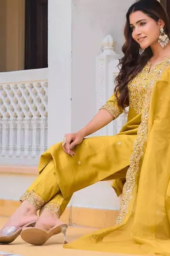 women ethnic motifs embroidered regular sequinned chanderi cotton kurta with trousers & with