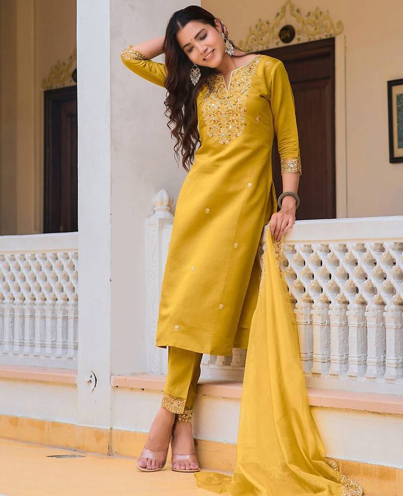 women ethnic motifs embroidered regular sequinned chanderi cotton kurta with trousers & with