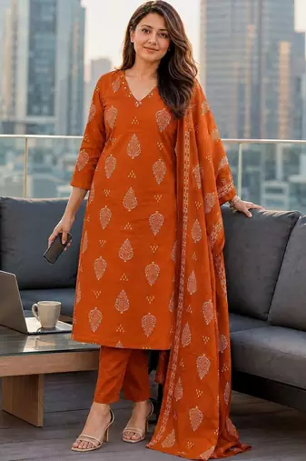 women ethnic  cotton kurta with trousers & with dupatta