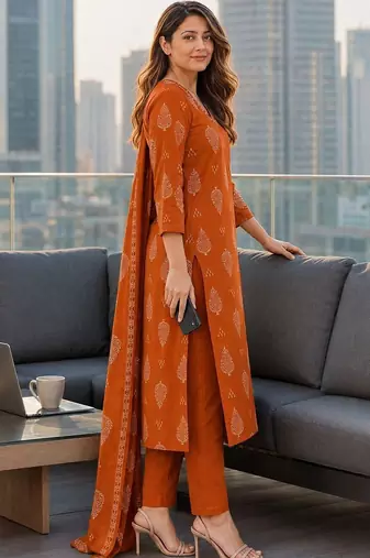 women ethnic  cotton kurta with trousers & with dupatta