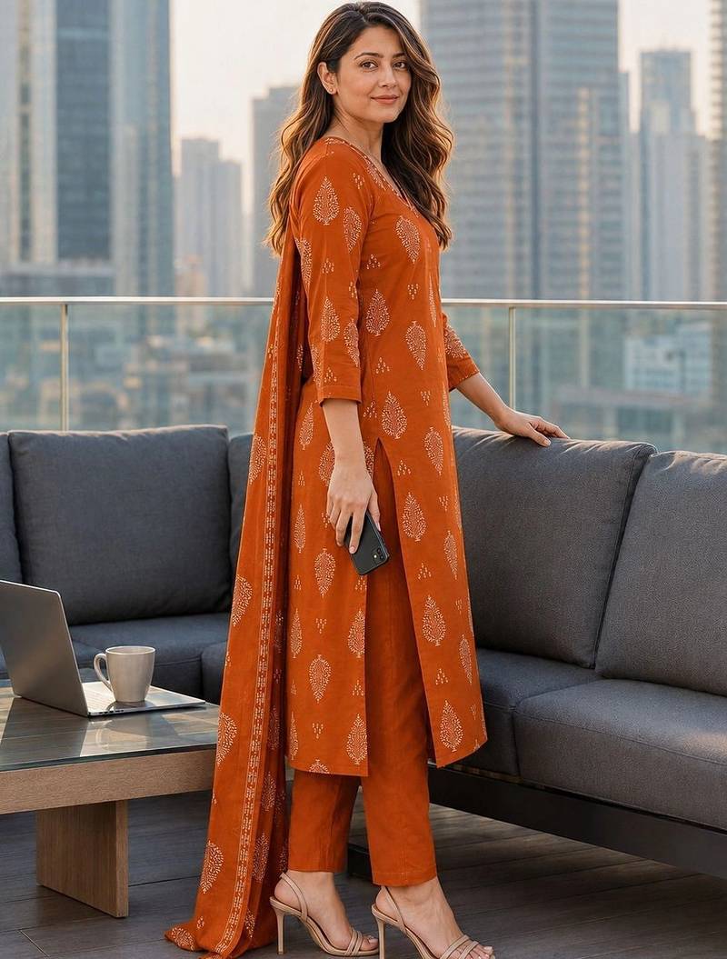 women ethnic  cotton kurta with trousers & with dupatta