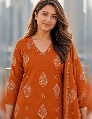 women ethnic  cotton kurta with trousers & with dupatta 4