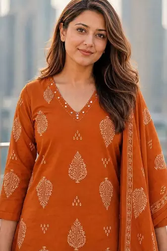 women ethnic  cotton kurta with trousers & with dupatta