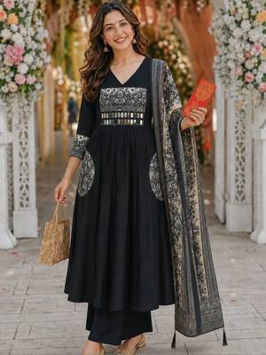 women ethnic motifs work chanderi silk kurta with trousers & with dupatta 1