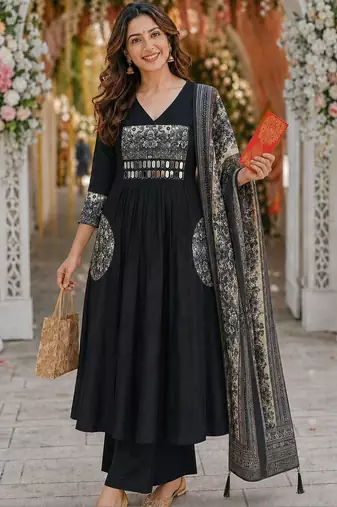 women ethnic motifs work chanderi silk kurta with trousers & with dupatta