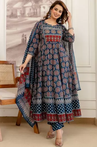 women ethnic motifs printed empire sequinned  cotton kurta with trousers & with dupatta