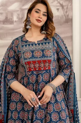 women ethnic motifs printed empire sequinned  cotton kurta with trousers & with dupatta
