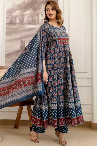 women ethnic motifs printed empire sequinned  cotton kurta with trousers & with dupatta