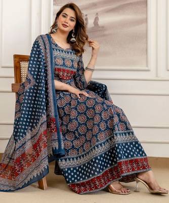 women ethnic motifs printed empire sequinned  cotton kurta with trousers & with dupatta 6