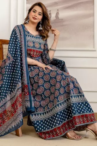 women ethnic motifs printed empire sequinned  cotton kurta with trousers & with dupatta