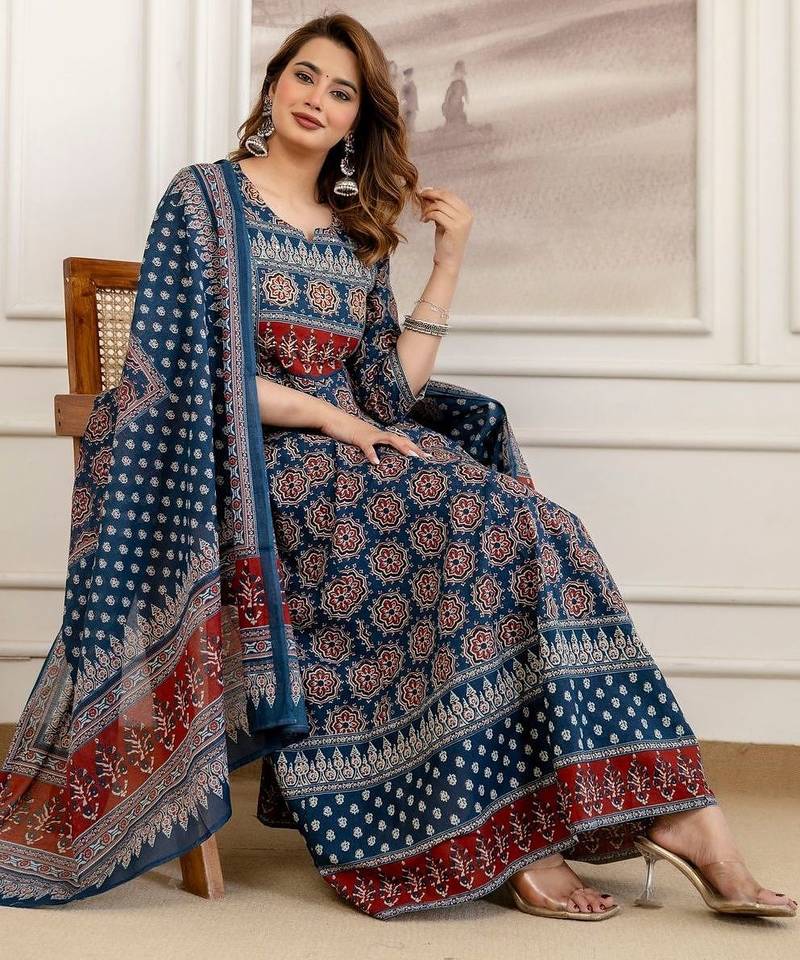 women ethnic motifs printed empire sequinned  cotton kurta with trousers & with dupatta